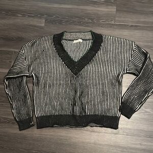 Black and White Striped V-Neck Sweater